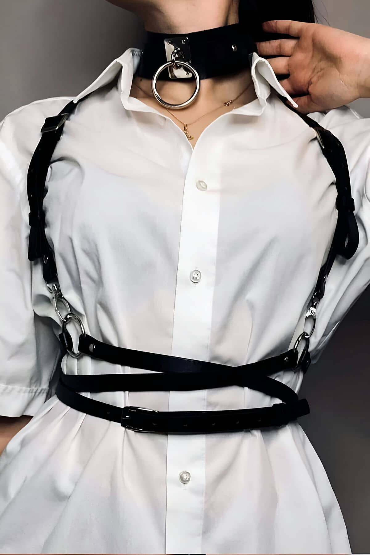 Belden Ayarlı Bağlamalı Deri Korse Kemer Ve Choker Tasma Takım - 644