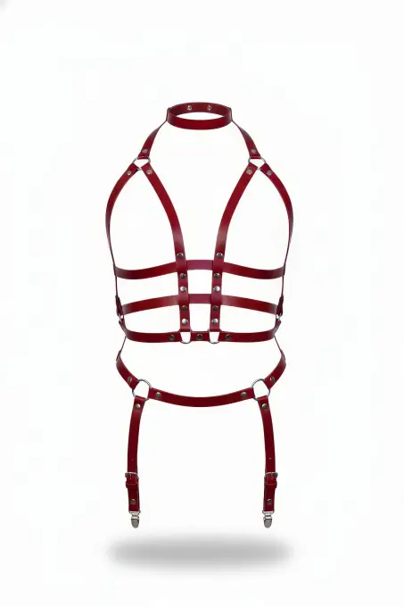 Bordo Harness Takım Boyunluklu Jartiyerli Deri Vücut Aksesuarı - APFT707 - 1