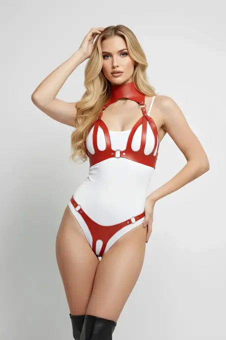 Bordo Harness Takım Deri Tokalı Yüksek Yaka Vücut Aksesuarı - APFT1089 - 1