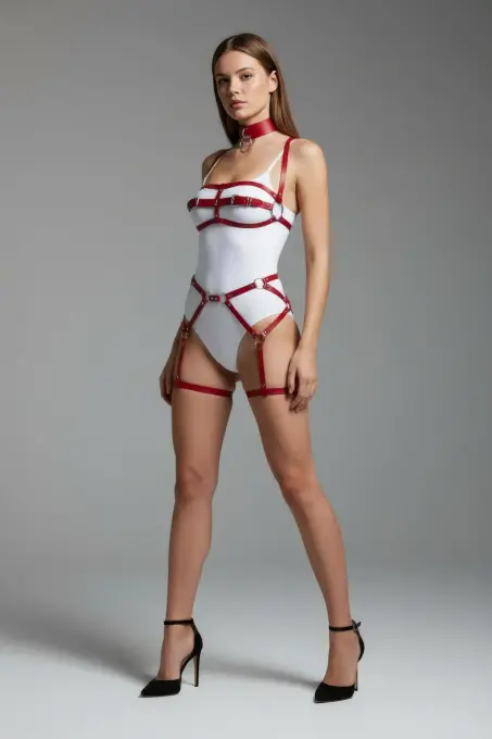 Bordo Harness Takım Parlak Deri Tokalı Vücut Seti - APFT242 - 2