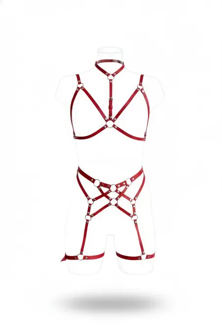 Bordo Jartiyer Harness Suni Deri O-Halka Detaylı Vücut Takımı - APFT507 - 1