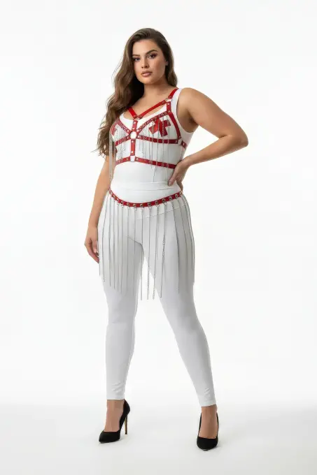 Büyük Beden Beyaz Etek Zincir Detaylı Deri Vücut Aksesuarı - APFT496 - 1