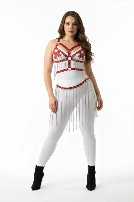 Büyük Beden Beyaz Etek Zincir Detaylı Deri Vücut Aksesuarı - APFT496 - 2