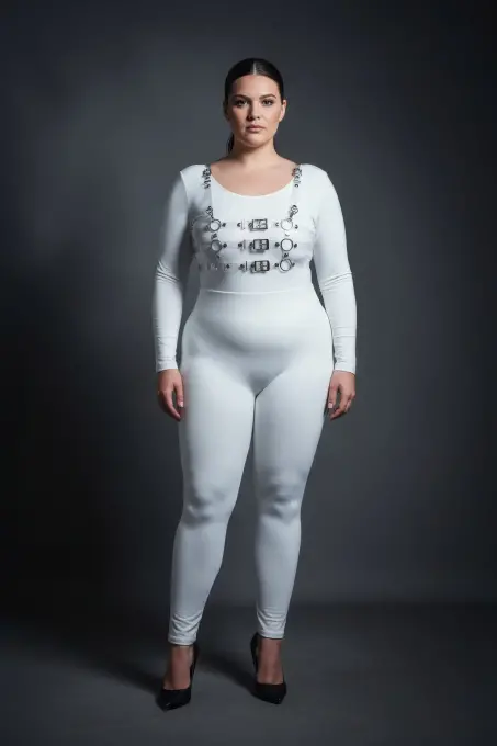 Büyük Beden Beyaz Kadın Harness Takım Deri Görünümlü Toka Detaylı - APFT1058 - 3