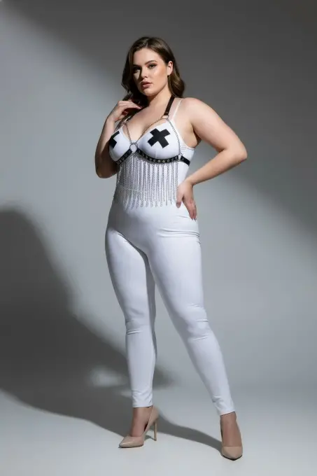 Büyük Beden Beyaz Kadın Harness Takım Zincir Detaylı Deri Fantezi Aksesuar - APFT477 - 3