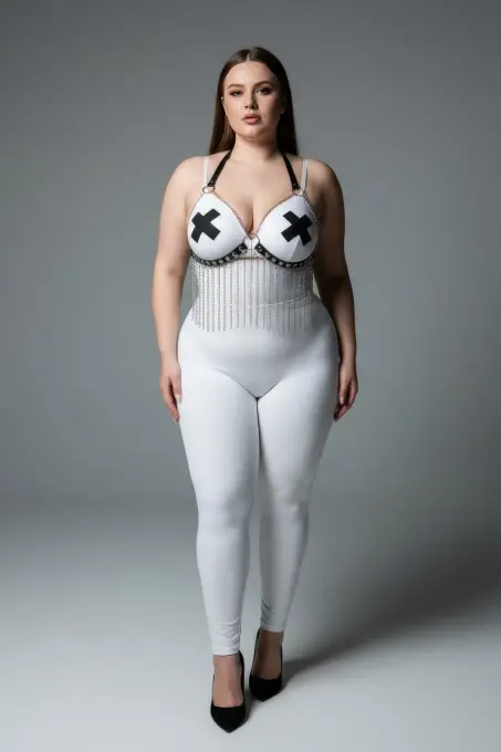 Büyük Beden Beyaz Kadın Harness Takım Zincir Detaylı Deri Fantezi Aksesuar - APFT477 - 4