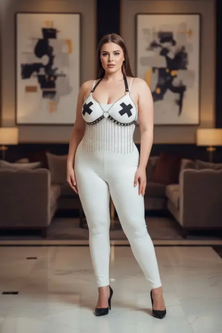 Büyük Beden Beyaz Kadın Harness Takım Zincir Detaylı Deri Fantezi Aksesuar - APFT477 - 5