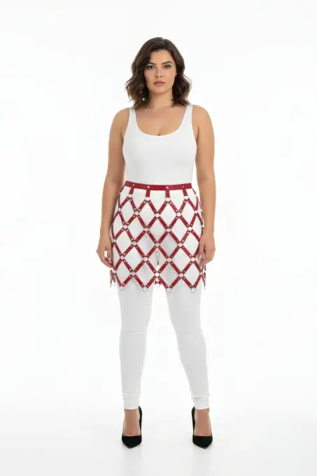 Büyük Beden Bordo Deri Harness Etek Halka Detaylı File Desenli - APFT696 - 1