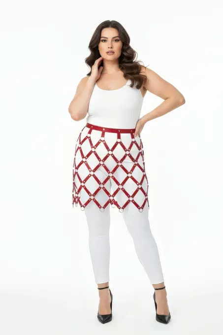 Büyük Beden Bordo Deri Harness Etek Halka Detaylı File Desenli - APFT696 - Angels Passion (1)