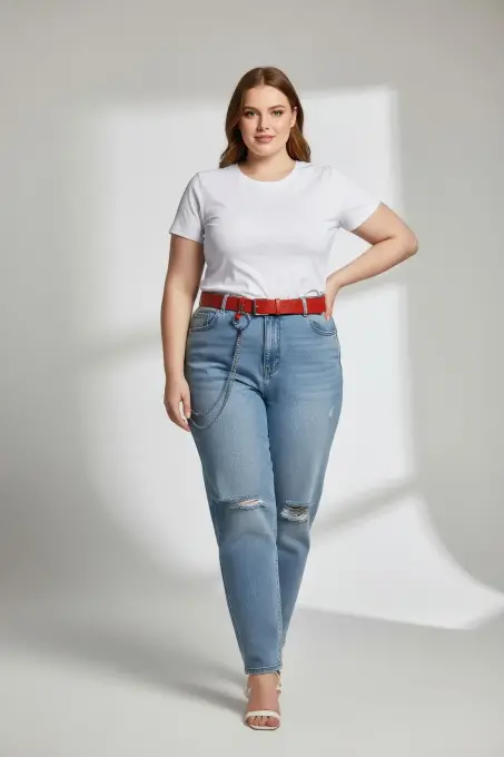 Büyük Beden Bordo Kadın Deri Kemer Halka ve Zincir Detaylı - APFT779 - 2