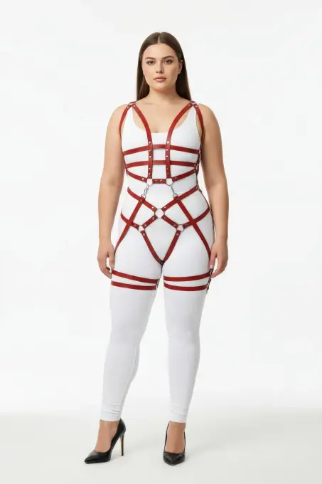 Büyük Beden Bordo Kadın Harness Takım Zincir ve Halka Detaylı Fantezi Deri - APFT502 - 2