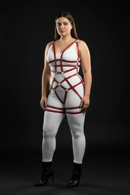 Büyük Beden Bordo Kadın Harness Takım Zincir ve Halka Detaylı Fantezi Deri - APFT502 - 3