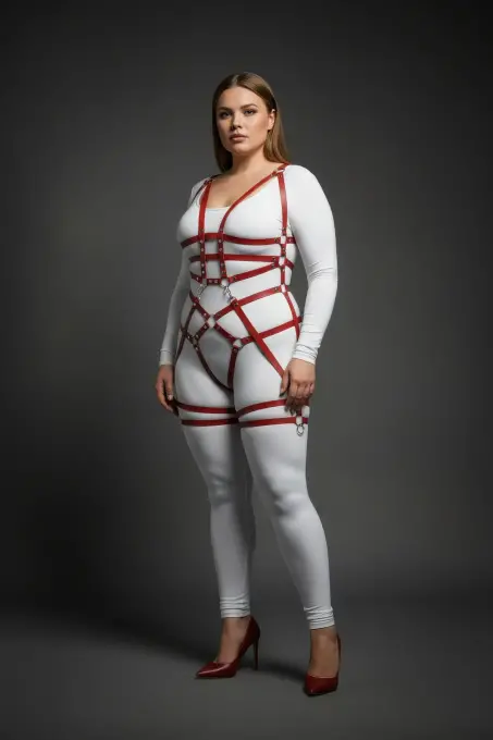 Büyük Beden Bordo Kadın Harness Takım Zincir ve Halka Detaylı Fantezi Deri - APFT502 - 4