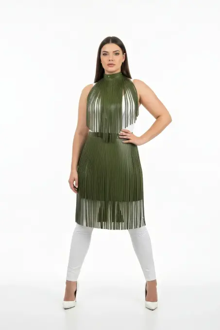 Büyük Beden Haki Deri Püskül Detaylı Uzun Etek - APFT997 - 1