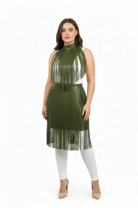 Büyük Beden Haki Deri Püskül Detaylı Uzun Etek - APFT997 - 2