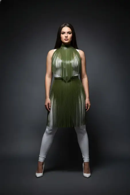 Büyük Beden Haki Deri Püskül Detaylı Uzun Etek - APFT997 - 4