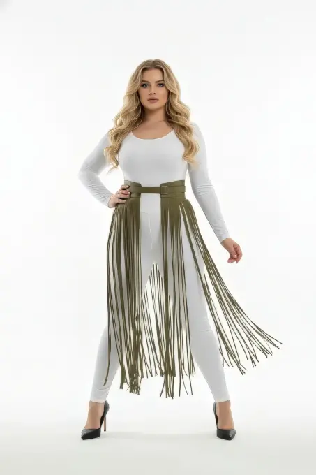 Büyük Beden Haki Deri Püskül Detaylı Yüksek Bel Etek - APFT1003 - 1