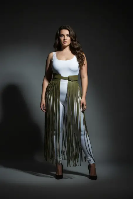 Büyük Beden Haki Deri Püskül Detaylı Yüksek Bel Etek - APFT1003 - 3