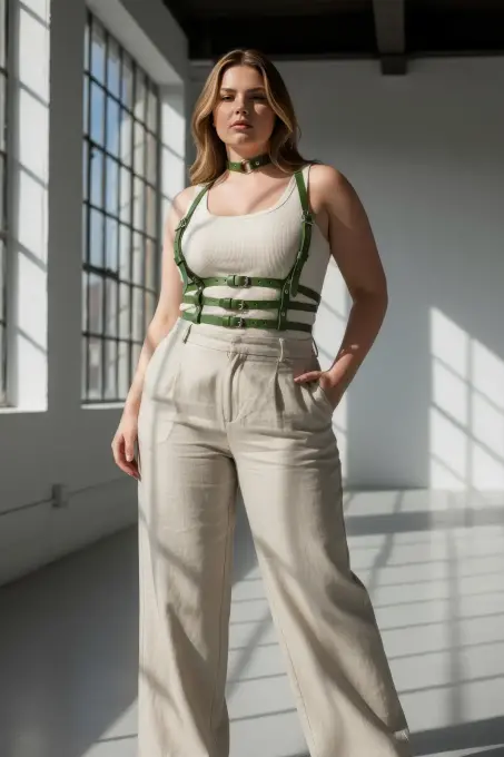 Büyük Beden Haki Kadın Deri Kemer Çoklu Tokalı Harness Vücut Aksesuarı - APFT615 - 4