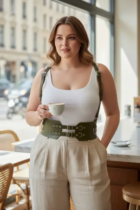 Büyük Beden Haki Kadın Deri Kemer Omuz Askılı Kuşgözü Detaylı Korse Model - APFT853 - 1