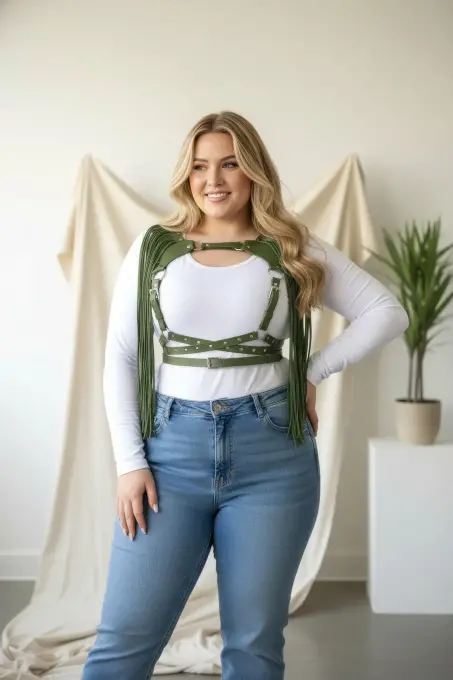 Büyük Beden Haki Kadın Deri Kemer Püsküllü Vücut Aksesuarı - APFT999 - 1