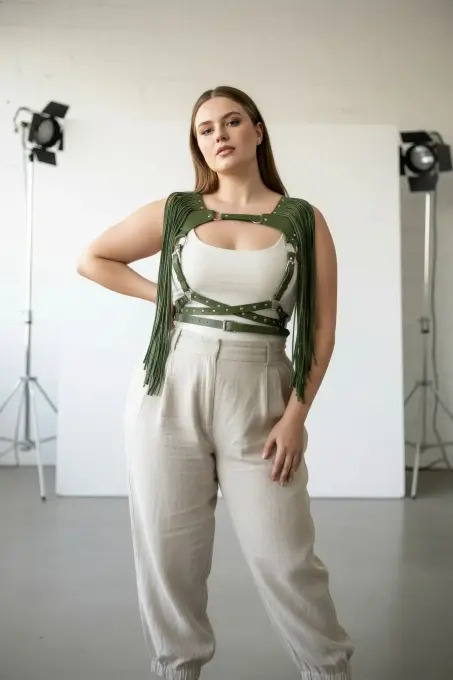 Büyük Beden Haki Kadın Deri Kemer Püsküllü Vücut Aksesuarı - APFT999 - 2