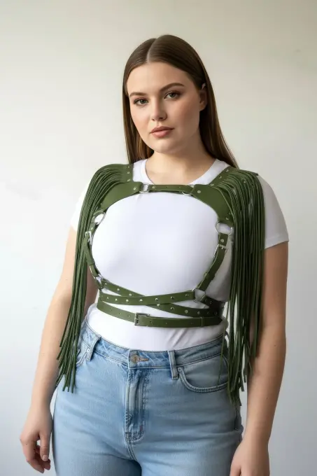Büyük Beden Haki Kadın Deri Kemer Püsküllü Vücut Aksesuarı - APFT999 - 4
