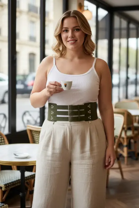 Büyük Beden Haki Kadın Deri Korse Kemer, Üç Kayışlı Kalın Bel Aksesuarı - APFT827 - 1