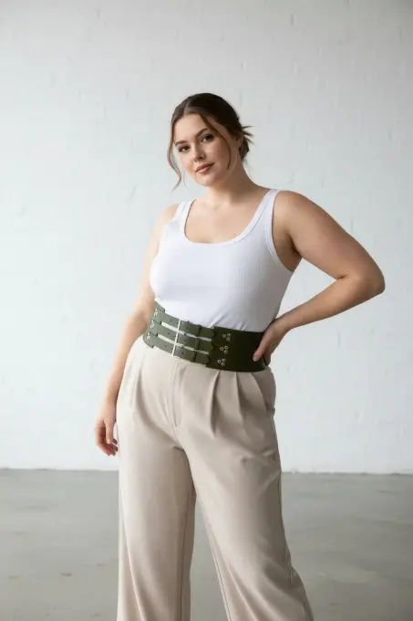 Büyük Beden Haki Kadın Deri Korse Kemer, Üç Kayışlı Kalın Bel Aksesuarı - APFT827 - 2