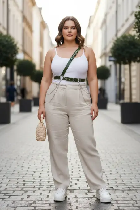 Büyük Beden Haki Kadın Deri Vücut Kemeri Zincir Detaylı - APFT813 - 1