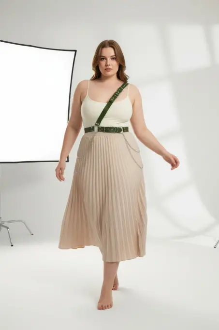 Büyük Beden Haki Kadın Deri Vücut Kemeri Zincir Detaylı - APFT813 - 2