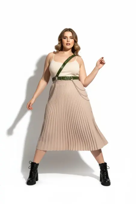 Büyük Beden Haki Kadın Deri Vücut Kemeri Zincir Detaylı - APFT813 - 4