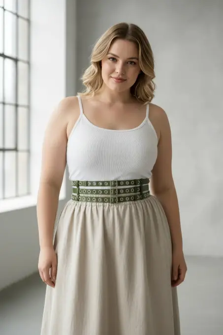 Büyük Beden Haki Kadın Kalın Kemer Çift Sıra Kuş Gözü Detaylı - APFT641 - 3