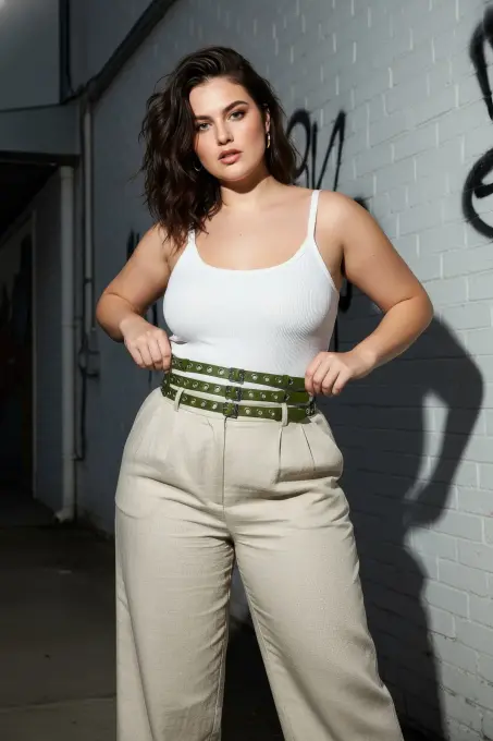 Büyük Beden Haki Kadın Kalın Kemer Çift Sıra Kuş Gözü Detaylı - APFT641 - 4