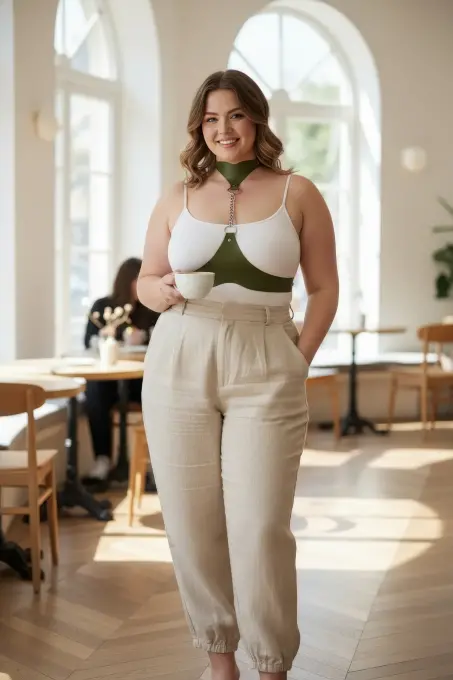 Büyük Beden Haki Kadın Kemer Deri Harness Zincir Detaylı Vücut Aksesuarı - APFT1265 - 1