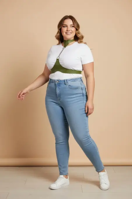 Büyük Beden Haki Kadın Kemer Deri Harness Zincir Detaylı Vücut Aksesuarı - APFT1265 - Angels Passion (1)