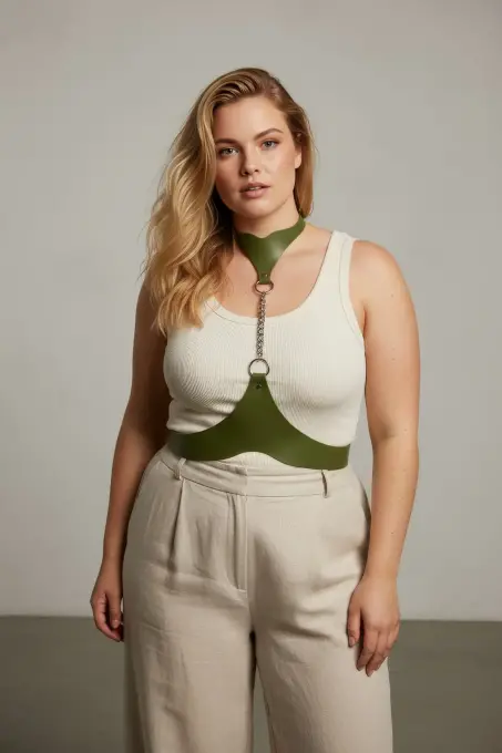 Büyük Beden Haki Kadın Kemer Deri Harness Zincir Detaylı Vücut Aksesuarı - APFT1265 - 3