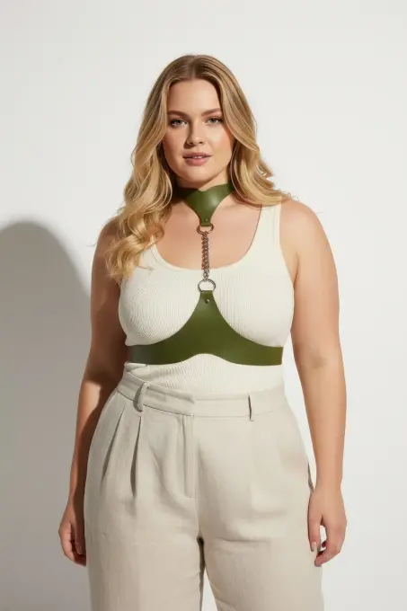 Büyük Beden Haki Kadın Kemer Deri Harness Zincir Detaylı Vücut Aksesuarı - APFT1265 - 5