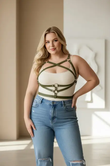 Büyük Beden Haki Kadın Kemer Elbise Üstü Deri Vücut Aksesuarı - APFT991 - Angels Passion (1)