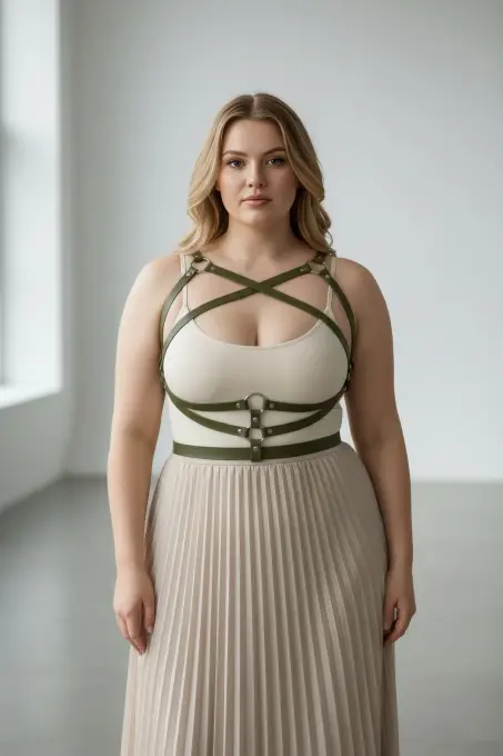 Büyük Beden Haki Kadın Kemer Elbise Üstü Deri Vücut Aksesuarı - APFT991 - 3