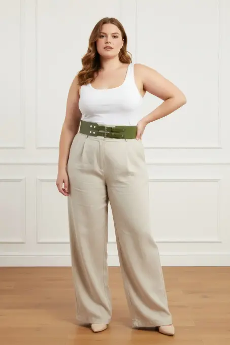 Büyük Beden Haki Kadın Kemer, Geniş Formlu Çift Tokalı Kombin Tamamlayıcı - APFT1203 - 2