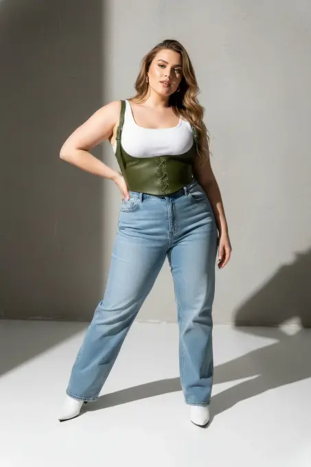 Büyük Beden Haki Kadın Kemer Korse Görünümlü Bağlama Detaylı - APFT1428 - 4