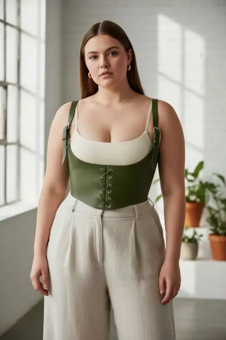Büyük Beden Haki Kadın Kemer Korse Görünümlü Bağlama Detaylı - APFT1428 - 5