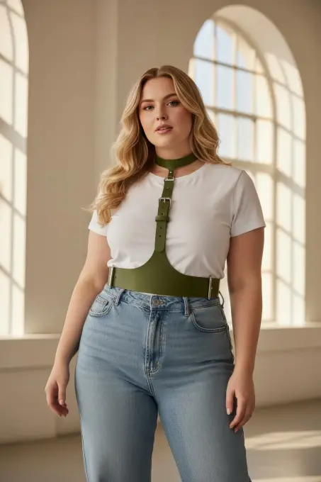 Büyük Beden Haki Kadın Kemer, Korse Görünümlü Deri Harness Vücut Aksesuarı - APFT1297 - 2