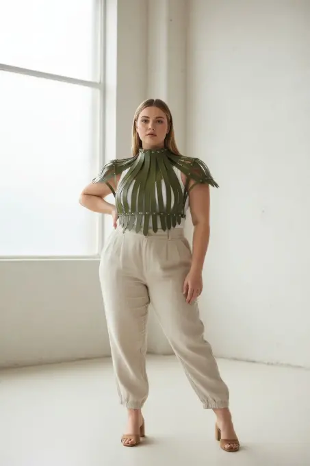 Büyük Beden Haki Kadın Kemer Korse Görünümlü Deri Vücut Aksesuarı - APFT1257 - 2