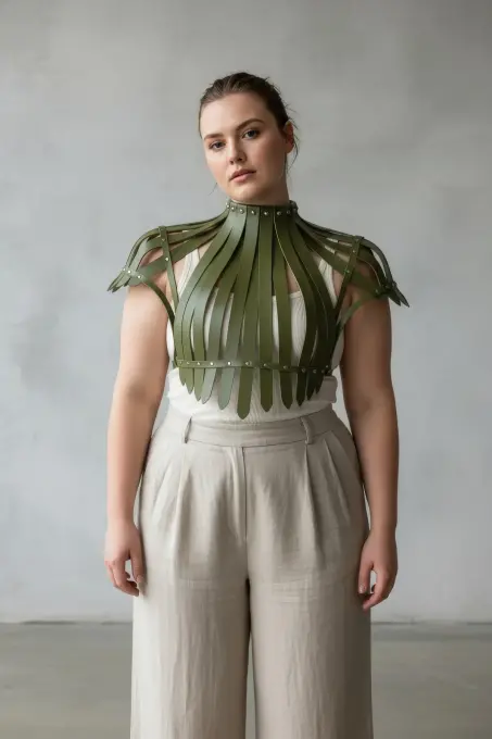 Büyük Beden Haki Kadın Kemer Korse Görünümlü Deri Vücut Aksesuarı - APFT1257 - 3