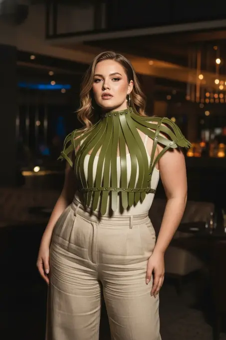 Büyük Beden Haki Kadın Kemer Korse Görünümlü Deri Vücut Aksesuarı - APFT1257 - 4