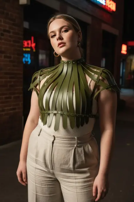 Büyük Beden Haki Kadın Kemer Korse Görünümlü Deri Vücut Aksesuarı - APFT1257 - 5