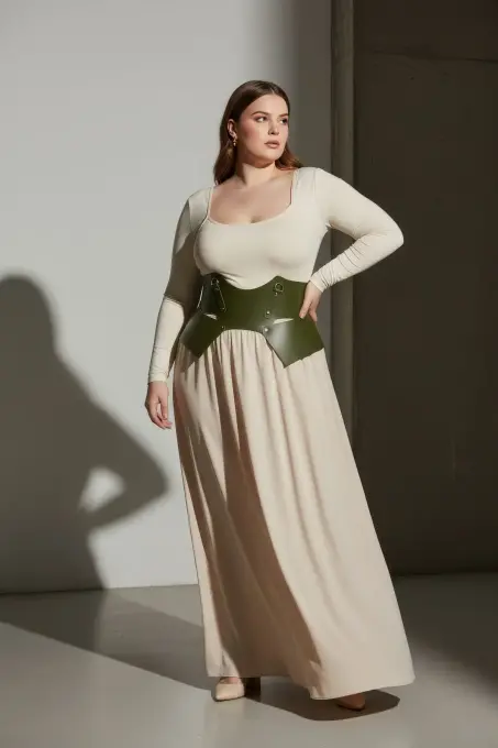 Büyük Beden Haki Kadın Kemer Korse Görünümlü Kalın Deri - APFT619 - 4