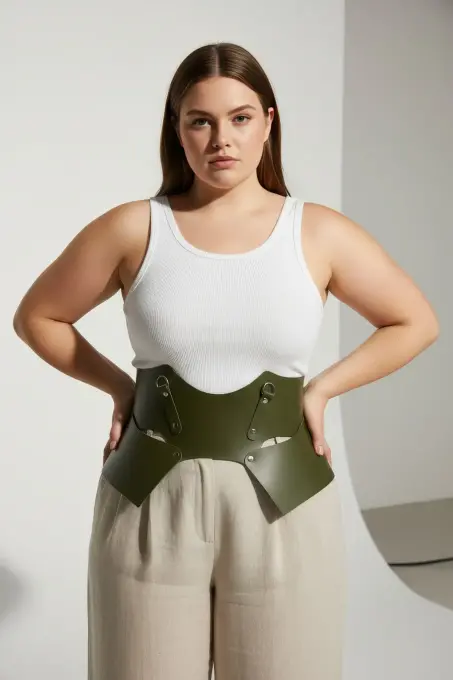 Büyük Beden Haki Kadın Kemer Korse Görünümlü Kalın Deri - APFT619 - 5
